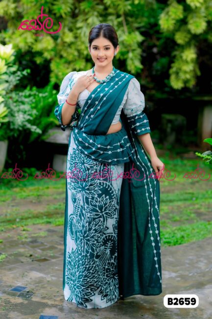 Green and White Colored Batik Saree B2659