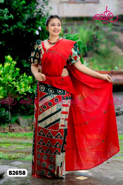 Red and Green Cotton Batik Saree B2658